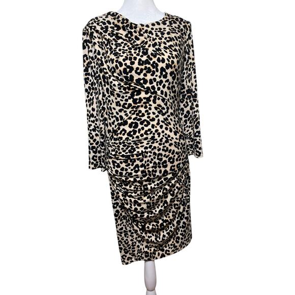 Juicy Couture Jersey Leopard Print Sz Large Above Knee 3/4 Sleeves Ruched Dress - Picture 1 of 3